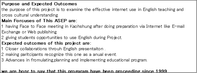 �e�L�X�g �{�b�N�X: Purpose and Expected Outcomes
the purpose of this project is to examine the effective internet use in English teaching and cross cultural understanding.
Main Forcuses of This ASEP are:
1 having Face to Face meeting in Kaohshung after doing preparation via Internet like E-mail Exchange or Web publishing.
2 giving students opportunities to use English during Project.
Expected outcomes of this project are:
1 Closer collaborations throuh English presentaiton .
2 making paritcipants recognize this one as a anual event.
3 Advances in fromulating,planning and implementing educational program.

we are honr to say that this progaram have been proceeding since 1999
.
